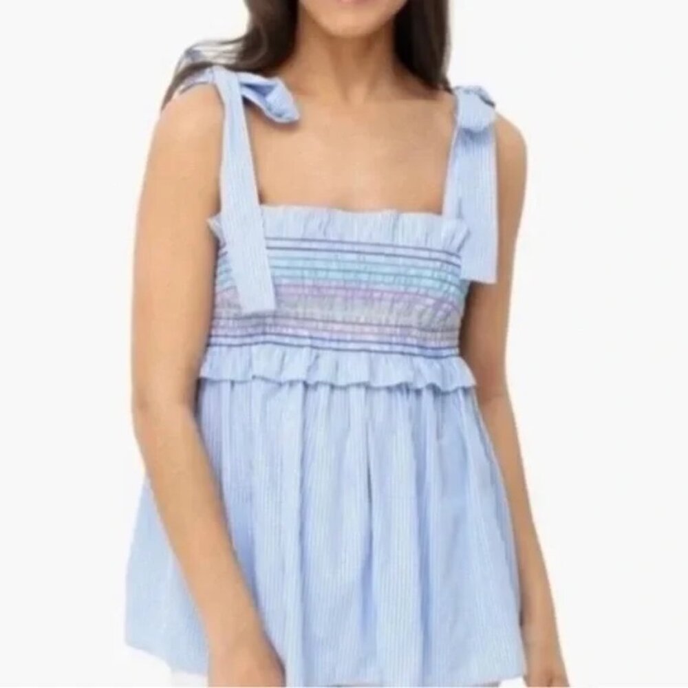 Tuckernuck Blue White Striped Smocked Rainbow Ruffle Top